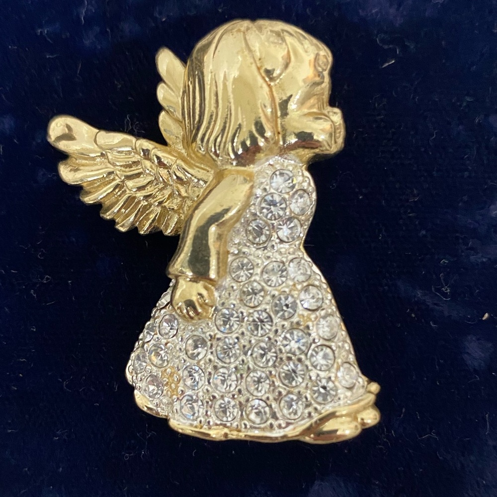 Vintage signed Roman gold tone rhinestone angel brooch
